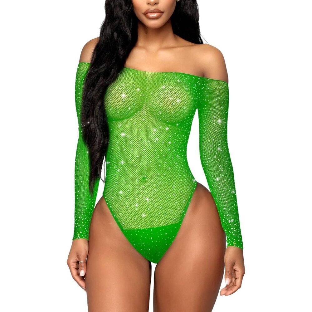 RSLOVE Women’s Fishnet Lingerie – Sparkle Rhinestone Mesh Teddy Bodysuit Set
